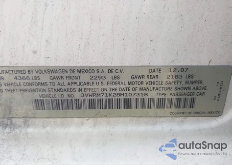 2008 Volkswagen Jetta Se/Sel z USA, uszkodzony, nr VIN 3VWRM71K28M107318